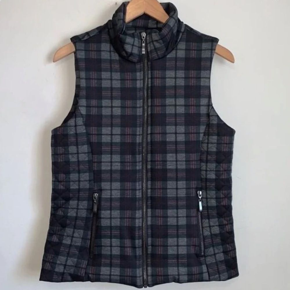 Puffer Vest Small Lemon Tart Black Purple Quilted Zip Plaid Pockets New Womens